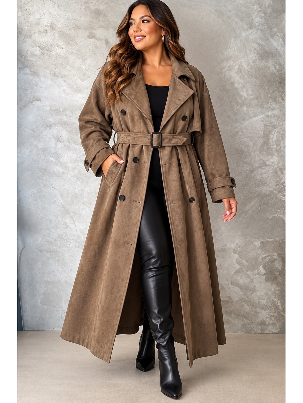 Ashley Graham Women’s 3X Brown Faux Suede Belted Trench Coat NWT Plus Size